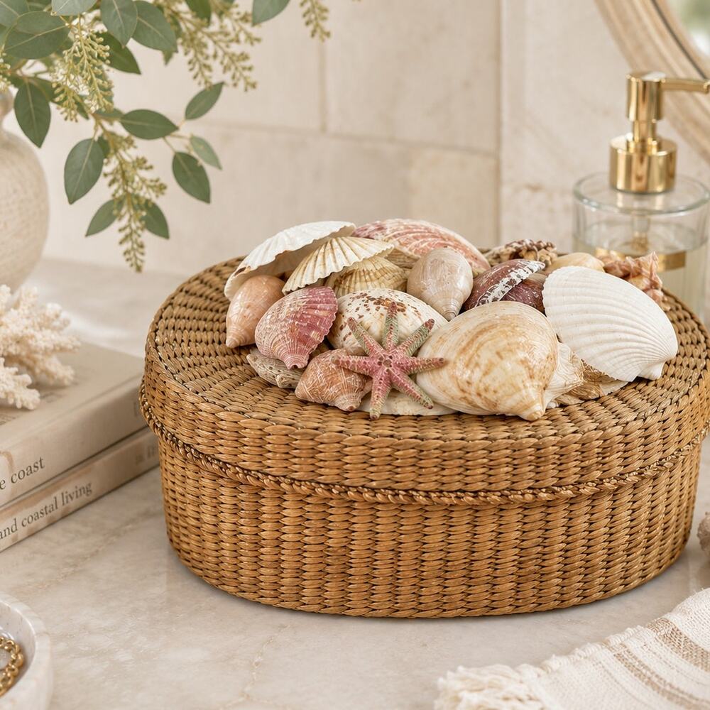 Vintage Seashell Rattan Keepsake Box Starfish Coastal Beach House Decor